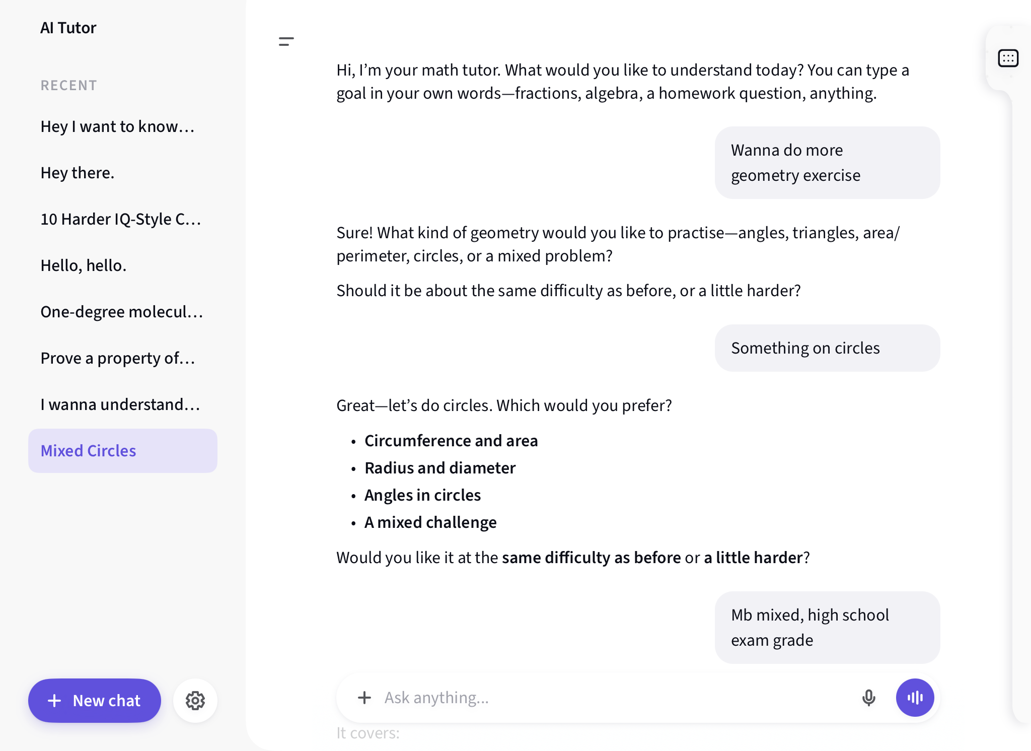 Talk It Through. Full-screen chat keeps past sessions and the current learning conversation in view.