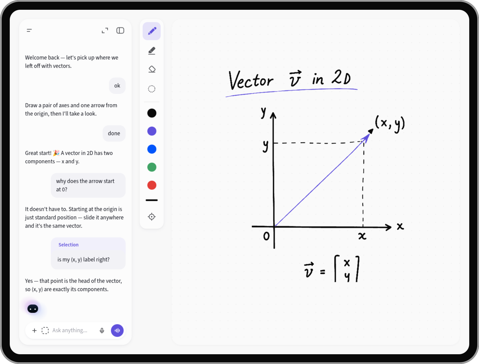 Whiteboard AI whiteboard and tutor interface in its shadow-free Paper-designed iPad frame